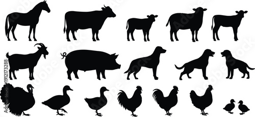 Farm animal silhouette collection with horse, cow, sheep, pig, goat, dog, and poultry, rural agriculture black vector icons isolated on white