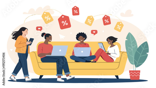 Diverse group of young adults working remotely on laptops with discounts