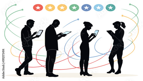 People using mobile devices with colorful rating stars above