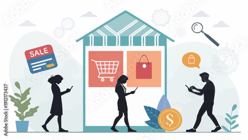 People shopping online with mobile devices outside modern storefront