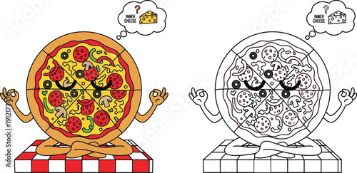 Meditating Pizza Character Seeking Inner Cheese Zen Food Illustration