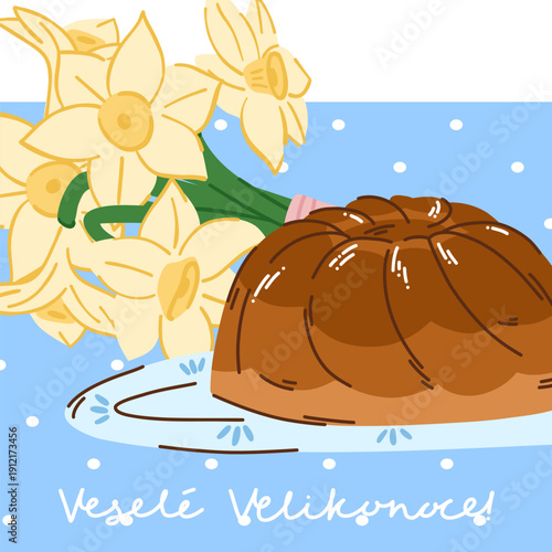 Greeting card with Easter babovka and a bouquet of daffodils Vesele Velikonoce, Czech pastries, Happy Easter
