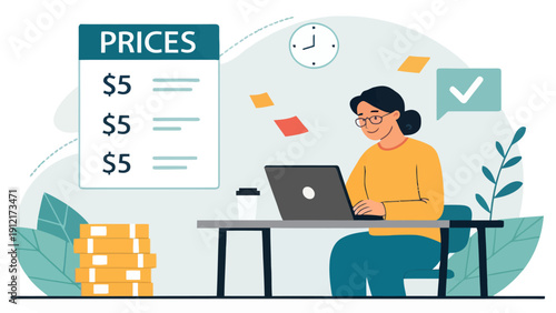 Freelancer calculating prices on laptop with stack of money