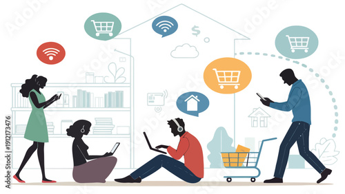 People shopping online with laptops and smartphones