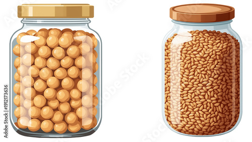 Closeup organic glass jar of preserved green peas as healthy vegetarian food ingredient and diet snack, isolated transparent background, editable vector artwork ai illustration file,