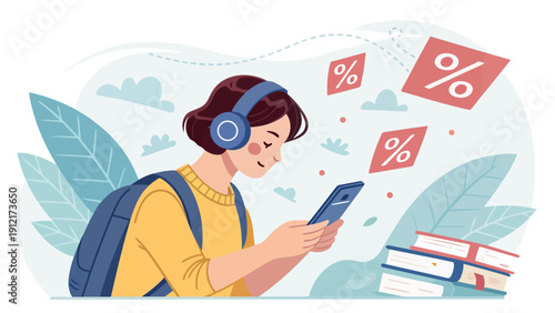 Young woman enjoying online shopping with headphones and books