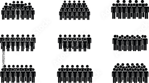 Group of people silhouette icons representing crowds, teams, community, population, and audience concepts in black vector symbols isolated on white