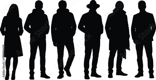 Group of people silhouettes standing together, anonymous men and women figures, business and casual crowd illustration isolated on white background