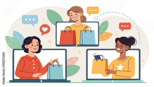 Women discussing online shopping with laptops and colorful bags