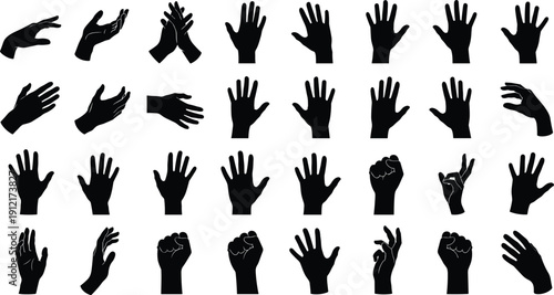 Hand silhouette collection with various gestures, open palms, fists, clapping and pointing hands, black vector icon set