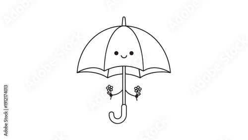 Whimsical Cartoon Umbrella with a Cute Face and Hooked Handle.