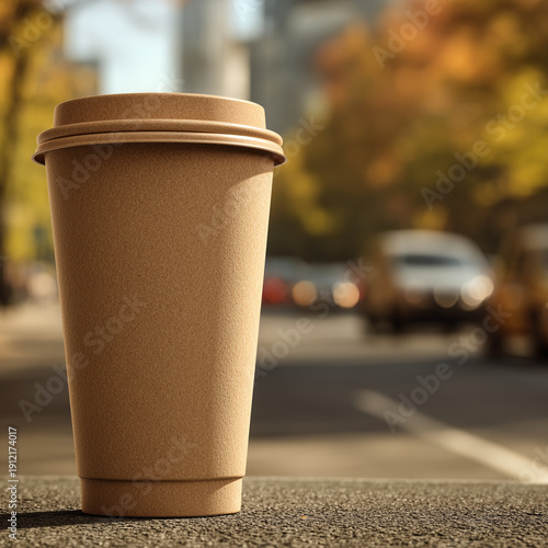 Plain kraft paper coffee cup with lid outdoors, blurred urban background and warm light.