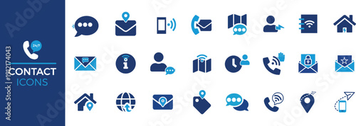 Blue Contact Us Icon Set for Customer Service and Web Interface Design, Professional Communication Symbols Collection for Support and Navigation Apps