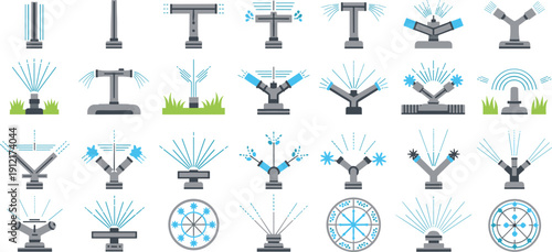 Garden Sprinkler and Irrigation System Illustration Set with Water Spray Nozzles for Lawn Care, Agriculture, and Landscape Design