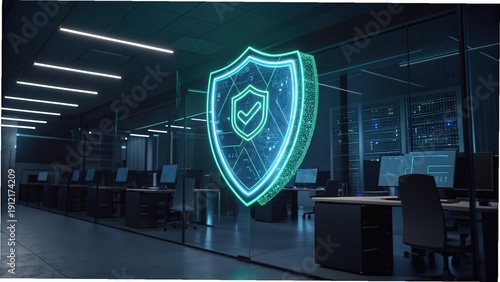 Cybersecurity concept with digital shield hologram