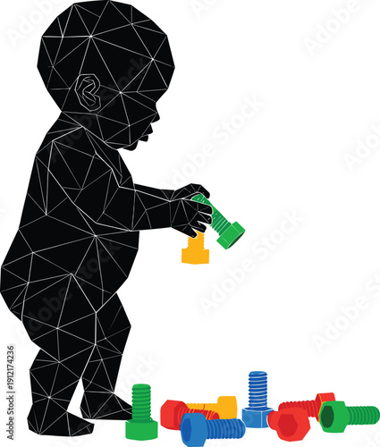 Low poly child silhouette playing with colorful building blocks, early learning, creativity, problem solving, and STEM education concept illustration