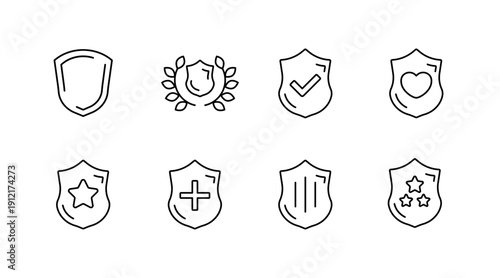 Set of eight minimalist shield icons with symbols