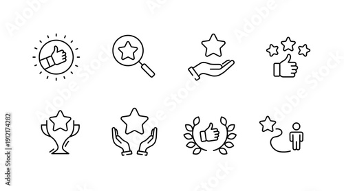 Collection of eight black and white achievement icons featuring stars and thumbs up