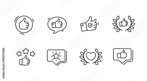 Set of thumbs up and star icons in black and white line art style