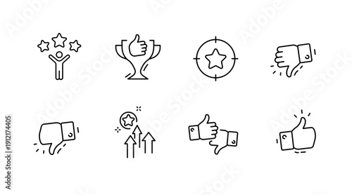 Outline icon set of thumbs up down star trophy target