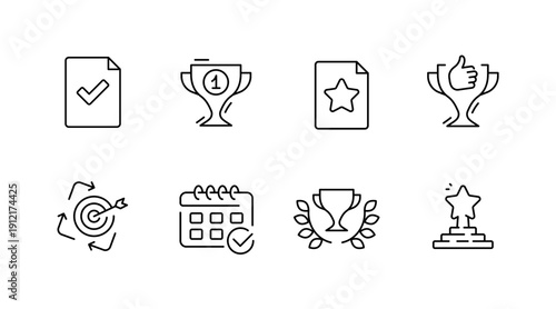 Achievement icons: trophies, checkmarks, calendars, and targets for success visualization