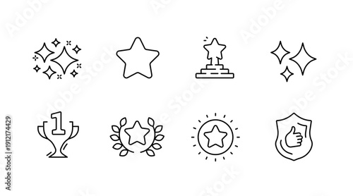 Set of outline icons: star, trophy, badge, and award symbols