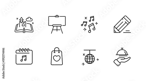 Minimalist collection of icons representing book, board, music, pencil, calendar, shopping bag, disco ball, and bell