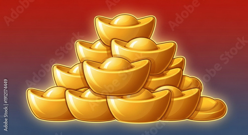 Golden ingots stacked in a pyramid on a red background symbolizing wealth and prosperity