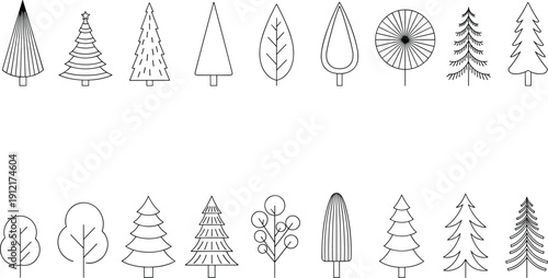 Minimal tree icon collection with hand drawn forest, pine, fir, and deciduous shapes, modern outline nature vector set isolated on white