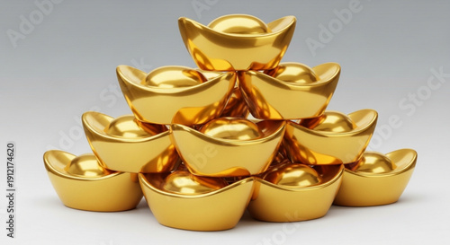 Golden ingot coins stacked in pyramid shiny gold bars for wealth and prosperity concept