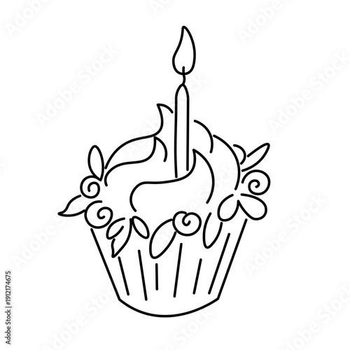 birthday cupcake with candle in doodle style in vector. Element for sticker decoration design mail posts postcards poster print invitation