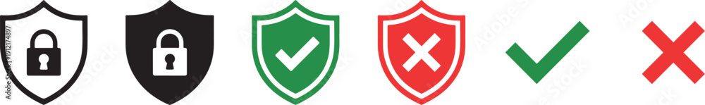 Fototapeta premium Security check icons with shields and marks on white background