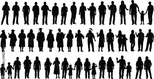 People silhouette collection showing men, women, children, families, and graduates in standing poses, human life stages concept in black vector set
