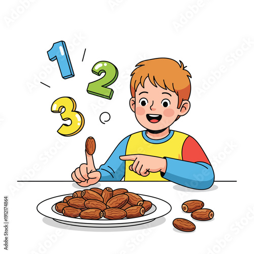 Young boy sitting at table counting brown dates on white plate with number icons one two three for healthy snack education vector cartoon character