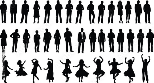 People silhouette collection with men and women standing and dancing poses, professional, lifestyle, and motion concepts in black vector set