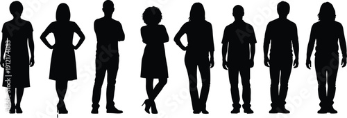 People silhouette collection with men and women standing in casual poses, human diversity, lifestyle, and professional concepts in black vector set