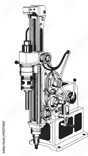 Vintage mechanical laboratory instrument with vertical column and gears.