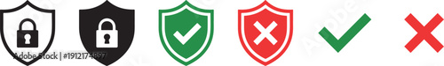 Security check icons with shields and marks on white background