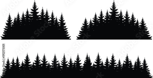 Pine forest silhouette border set with dense evergreen trees isolated on white background for landscape design, vector illustration, banners, and scenic backgrounds