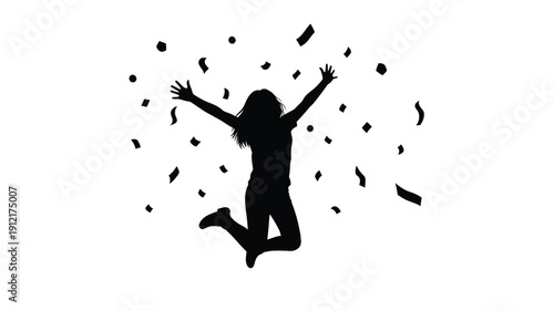Jubilant woman jumping with confetti falling a dark silhouette