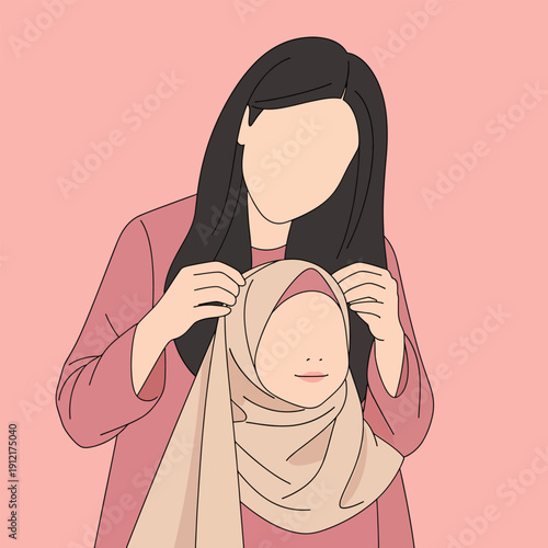 Woman helping young girl wear traditional beige hijab for ramadan celebration on soft pink background flat vector illustration for islamic lifestyle