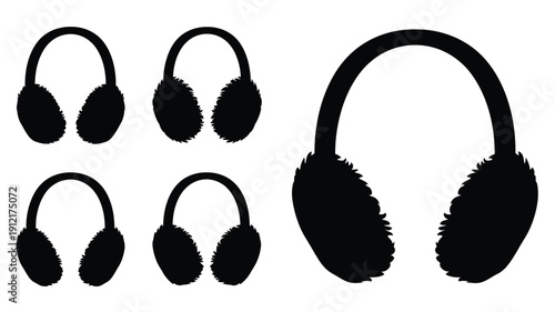 Four black earmuffs displayed against a white background silhouette