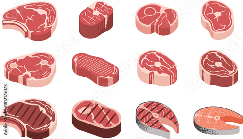 Raw Meat and Steak Cut Illustration Set with Beef, Pork, and Salmon Portions for Butcher Shop, Restaurant Menu, and Food Design