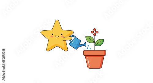Cartoon Star Watering Small Potted Flower.