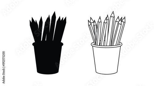 Pencils in containers a contrasting black and white illustration silhouette