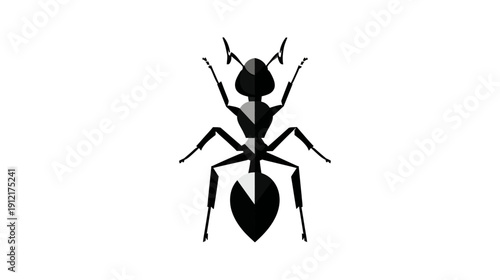 Minimalist Black and White Ant Illustration, Stylized Insect Icon, Geometric Graphic Design Element on White Background