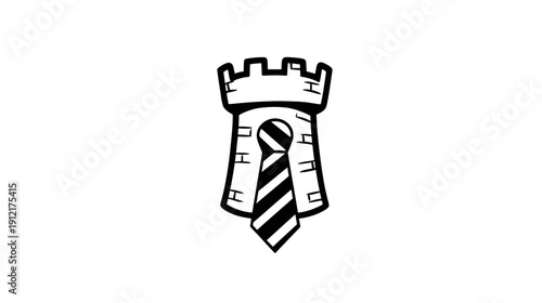 Conceptual illustration of a strong business tower wearing a tie, symbolizing corporate strength, security, and professionalism in black and white