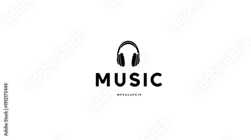 Minimalist black and white music icon with headphones and text 'MUSIC SOUND & AUDIO'. Simple graphic design for audio player, podcast, or streaming service.