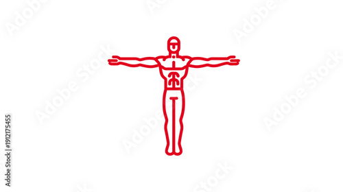 Stylized red outline icon of a muscular human body with arms outstretched, representing health, anatomy, and well-being