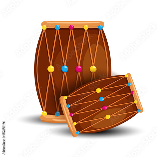 holi and pngal and lohri Traditional Indian Dhol Drum Isolated on White Background Vector Illustration